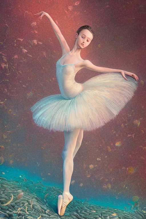 Image similar to ballerina alone at the bottom of the great barrier reef by jaques cousteau, digital art, smooth, focus, highly detailed, hyper realistic, intricate, art by wlop