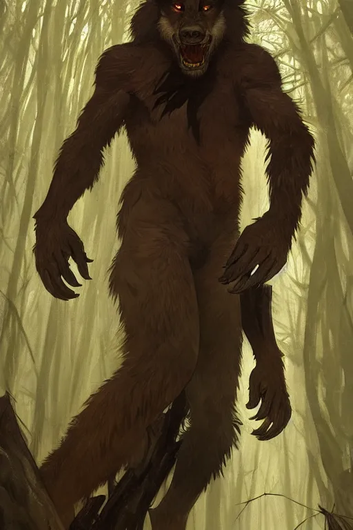 Image similar to fullbody portrait of a male werewolf, bared teeth, long claws, by greg rutkowski and alphonse mucha, gradient brown to silver, in front of a forest at night background, highly detailed portrait, digital painting, artstation, concept art, smooth, sharp focus illustration