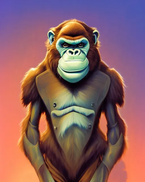 Image similar to don bluth, loish, artgerm, joshua middleton, steampunk, clockpunk anthropomorphic gorilla, full blue suit, smiling, symmetrical eyes symmetrical face, colorful animation forest background