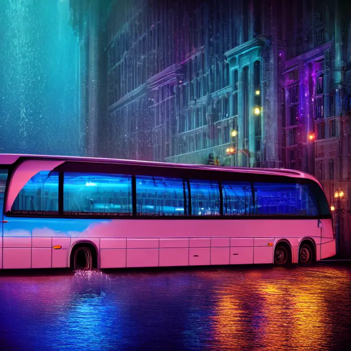 Prompt: hyper realistic, high detail photo of atlantis bus, underwater, lights on buildings, beautiful, dreary lighting