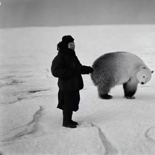 Prompt: portrait of an inuit observing an ice bear in the arctic tundra, 1 9 0 0 s photography