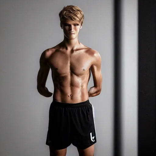 Image similar to a realistic detailed photo of a guy who is an attractive humanoid who is half robot and half humanoid, who is a male android, soccer player martin ødegaard, shiny skin, posing like a statue, blank stare, in a living room, on display, showing off his muscles