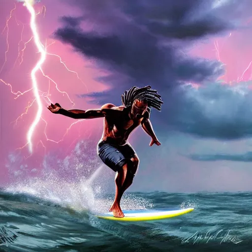 Prompt: a wide angle dynamic action photo of a black man with dreadlocks surfing large violent neon waves in a lightning storm, by clark little and rhads, concept art by artgerm