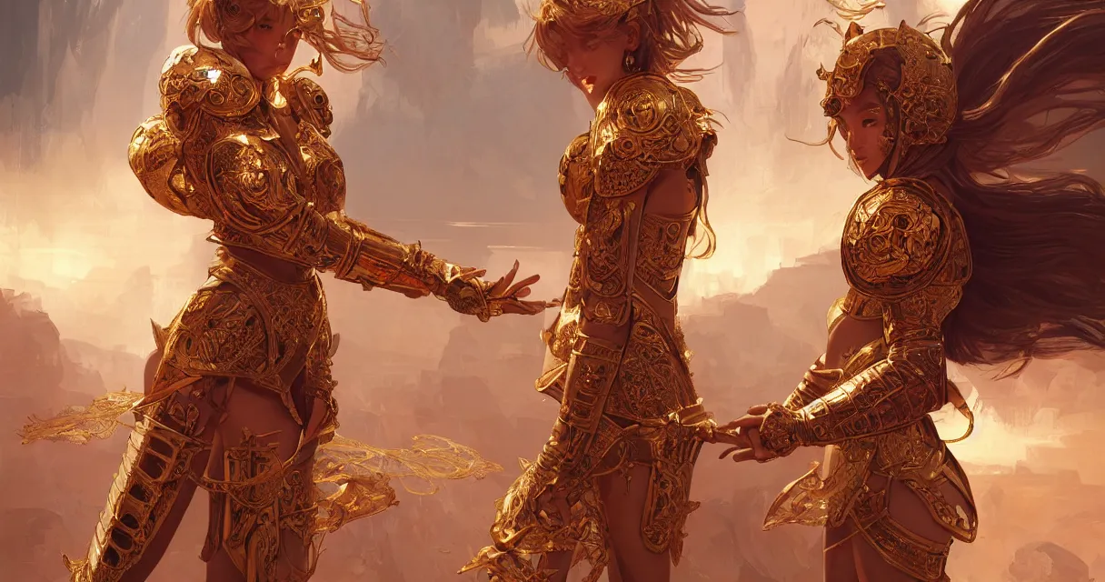 Image similar to knights of zodiac girl, golden and copper armor, karate show in ruined agora of athens sunrise, ssci - fi and fantasy, intricate and very very beautiful and elegant, highly detailed, digital painting, artstation, concept art, smooth and sharp focus, illustration, art by tian zi and wlop and alphonse mucha