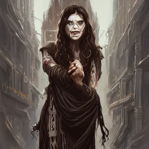 Image similar to portrait of an woman by Greg Rutkowski, she is about 20 years old, pretty, long brown wavy hair, tribal tattoos on her face, scar near her mouth that makes her look like she's smiling all the time, wearing black sith robes, Star Wars Expanded Universe, highly detailed portrait, digital painting, artstation, concept art, smooth, sharp foccus ilustration, Artstation HQ