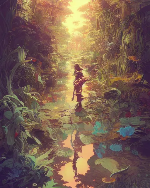 Prompt: mirror world, herbalist, digital illustration art by jesper ejsing, artgerm, ross tran, victo ngai, kim jung gi. bright, photoshop vector cutout filter, highly detailed