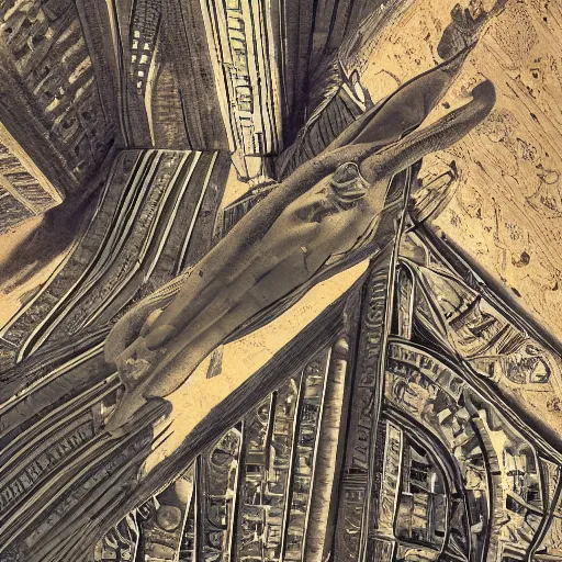 Image similar to an scene of an intricate hyper detailed sphynx in giza, cinematic lighting, bird's - eye view