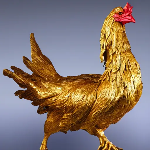 Prompt: a golden rooster sculpture presented in a museum, realistic, ultra high detail, 8 k.