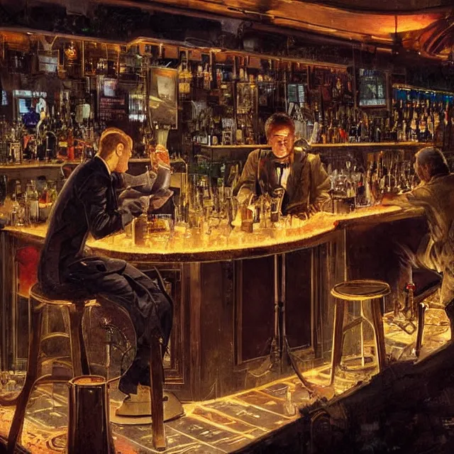 Prompt: two men sitting at a bar drinking whiskey being served by a robot bartender, near future, sci - fi concept art, by greg rutkowski and norman rockwell, highly detailed, intricate details, soft lighting, studio lighting