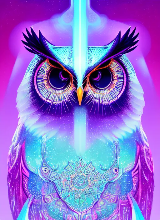 Image similar to symmetry!! product render poster vivid colors divine proportion owl, ice and snow, glowing fog intricate, elegant, highly detailed, digital painting, artstation, concept art, smooth, sharp focus, illustration,