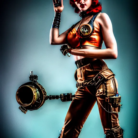 Image similar to photo of a real - life beautiful female atompunk warrior, 4 k, hdr, smooth, sharp focus, high resolution, award - winning photo