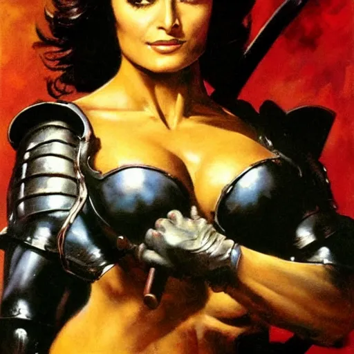 Prompt: a frank frazetta oil painting of selina gomez as a beautiful muscular salma hayek wearing black armor holding a large battle axe, dynamic shot, hd 4 k, intricate, highly detailed, atmospheric, sharp