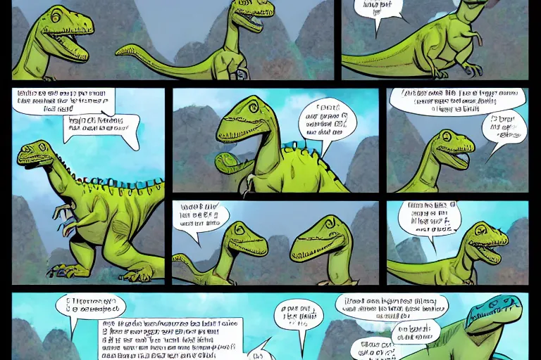 Image similar to a comic page with two dinosaurs speaking about asteroids