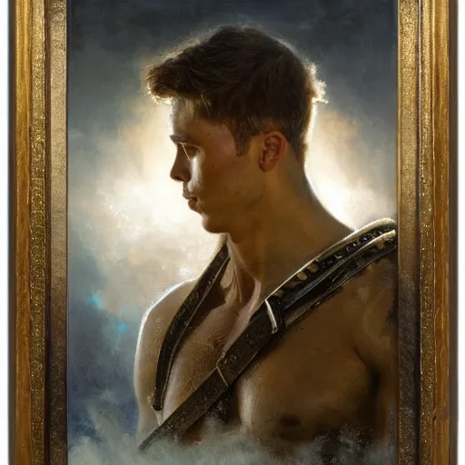 Image similar to handsome portrait of a young guy fitness posing, war hero, confidence, radiant light, caustics, reflective sweat, by gaston bussiere, bayard wu, greg rutkowski, giger, maxim verehin