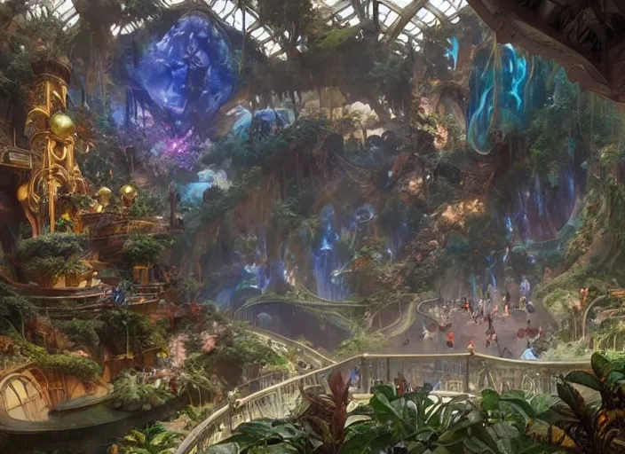 Image similar to avatar themepark interior designed by disney imagineering, rendered by artgerm and greg rutkowski and alphonse mucha