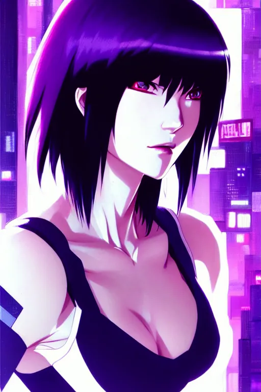 Image similar to a still fullbody portrait of motoko kusanagi ghost in the shell, finely detailed features, closeup at the faces, perfect art, at a cyberpunk city, gapmoe yandere grimdark, trending on pixiv fanbox, by ilya kuvshinov, rossdraws, artgerm