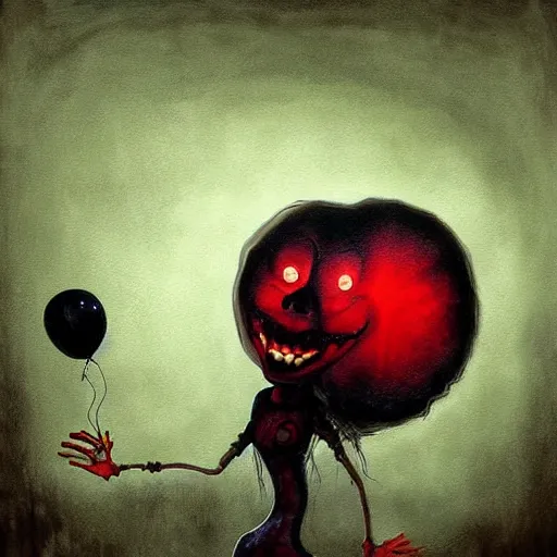 Image similar to grunge painting of creepypasta with a wide smile and a red balloon by chris leib, loony toons style, pennywise style, corpse bride style, horror theme, detailed, elegant, intricate, Atmospheric phenomenon, conceptual, volumetric light