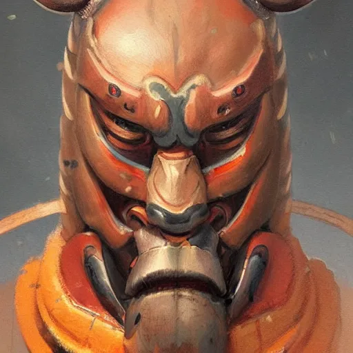 Prompt: A head-on detailed oil portrait of japanese samurai wearing oni mask by greg rutkowski and artgerm, trending on artstation, dungeons and dragons art