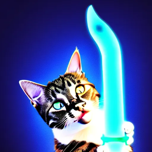 Image similar to Cat holding a glowing blue sword , digital art , 4k