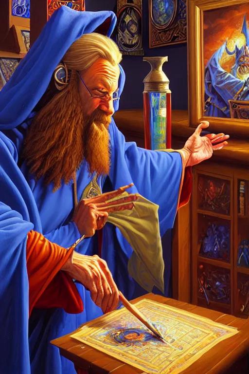 Prompt: classic oil painting, a wizard in blue robes, as a dnd character, inside a cluttered art studio, highly detailed, digital illustration, concept art, smooth, sharp focus, art by tim hildebrandt, and greg hildebrandt