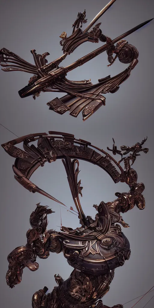 Image similar to a beautiful delicate huge mega bow and arrow weapon, solid background, electron flow, android, mechanical, metal, weapon design, fine texture structure, hyper detailed, perfect shadows, atmospheric lighting, 3 d render, in the style of pascal blanche and sparth juan zigor samaniego, paul pepera pablo roldan, displayed in the exhibition hall, 4 k hd