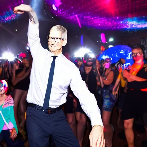 Image similar to tim cook dancing at a rave