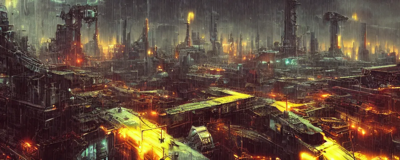 Image similar to ” industrial alien landscape, [ rain, city, cinematic, detailed, epic, widescreen, opening, establishing, mattepainting, photorealistic, realistic textures, octane render, art by slop and paul lehr ] ”