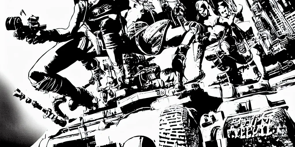 Image similar to single tank girl sitting on top of the tank. comic book style. black and white. illustration. marvel. print. high details.