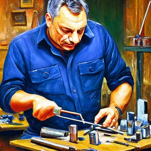 Prompt: viktor orban soldering in a workshop, oil painting