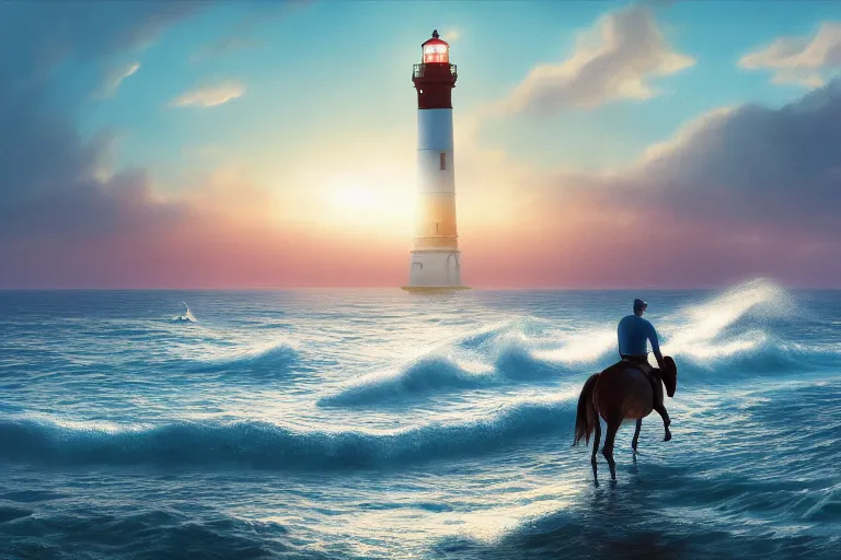 Image similar to photo of man riding a horse along the beach, glowing underwater waves toward a lighthouse in the distance guiding his way, silhouette, wide horizon, large white clouds, seagulls, night, intricate, elegant, highly detailed, digital painting, artstation, concept art, smooth, sharp focus, illustration, art by artgerm and greg rutkowski and fra angelico