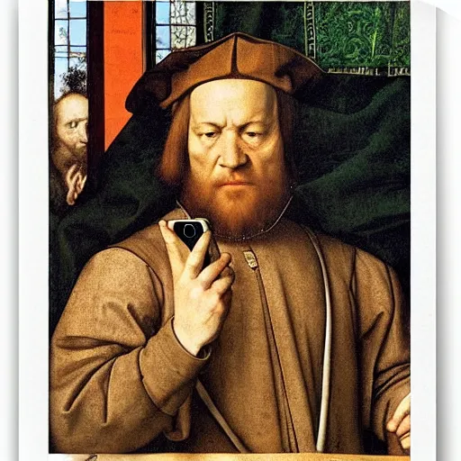 Image similar to man on a cell phone, by Hans Holbein the Younger