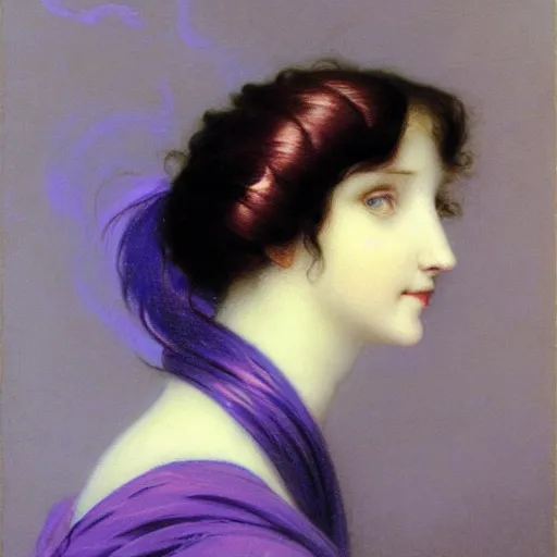 Image similar to a young woman's face, her hair is white and she wears an indigo purple satin cloak, by ivan aivazovsky and syd mead and moebius and gaston bussiere and roger dean and pieter claesz and paul delaroche and alma tadema and aelbert cuyp and willem claesz, hyperrealistic, volumetric light, octane render
