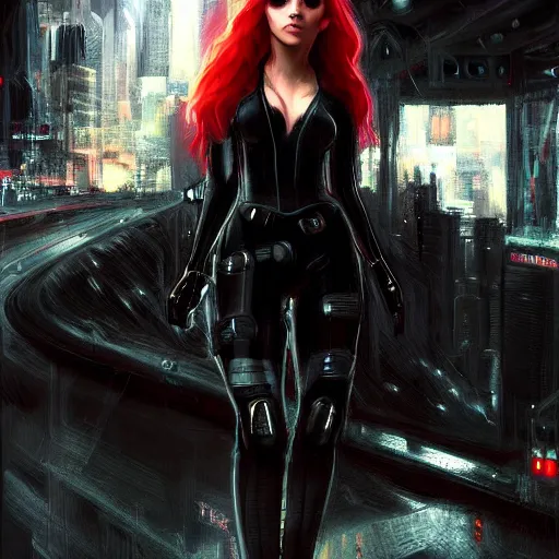 Prompt: black widow in a cyberpunk world, artstation hall of fame gallery, editors choice, #1 digital painting of all time, most beautiful image ever created, emotionally evocative, greatest art ever made, lifetime achievement magnum opus masterpiece, the most amazing breathtaking image with the deepest message ever painted, a thing of beauty beyond imagination or words