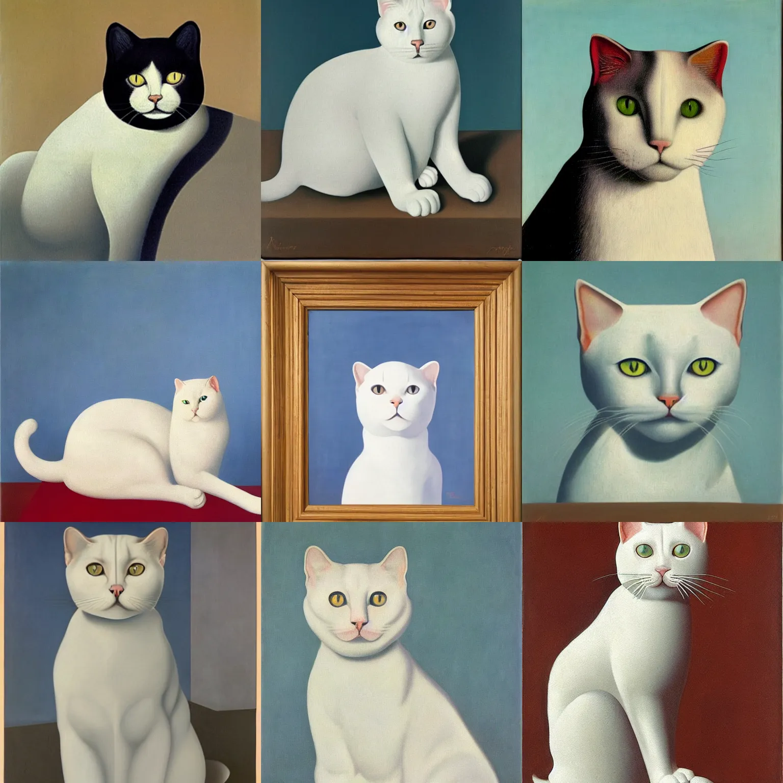 Prompt: portrait of a white cat, by rene magritte, oil on canvas