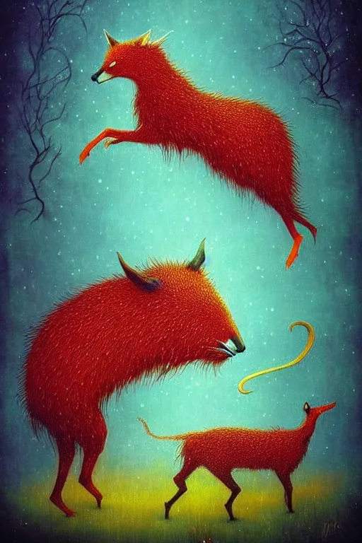 Prompt: surreal hybrid animals, fantasy, fairytale animals, flowerpunk, mysterious, vivid colors, by andy kehoe