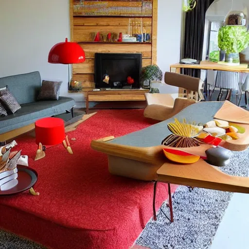 Image similar to spaghetti and meatballs shaped into a mid century modern living room set