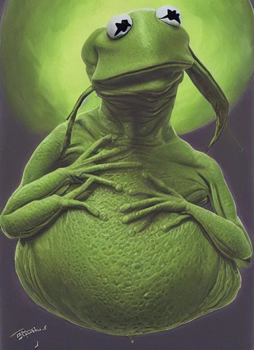 Image similar to portrait of Kermit the frog in The Blob (1988), highly detailed, centered, solid color background, digital painting, artstation, concept art, smooth, sharp focus, illustration, artgerm, donato giancola, Joseph Christian Leyendecker, Les Edwards, Ed Repka, WLOP, Artgerm