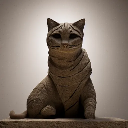 Image similar to close - up museum photo of an ancient limestone statue of a cat in a hoodie, greece, rome, studio lighting, professional, promo,