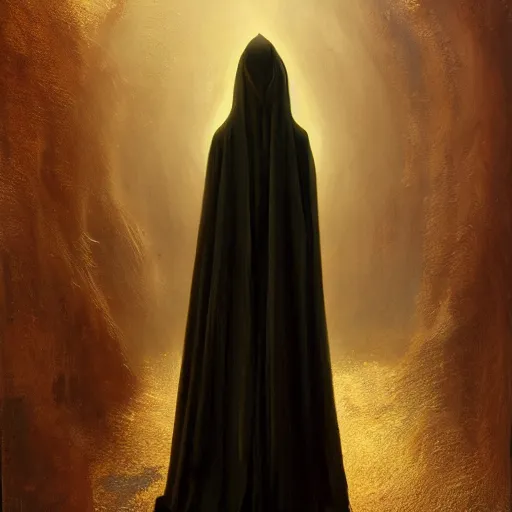 Image similar to a portrait of a young woman wearing a long dark cloak, hood and shadows covering face, holding golden chains, oil painting, matte painting, black background, Volumetric Golden dappled dynamic lighting, Highly Detailed, Cinematic Lighting, Unreal Engine, 8k, HD, by Beksinski