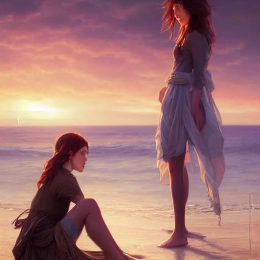 Prompt: max caulfield watching sunset on the sea, fantasy, intricate, elegant, highly detailed, digital painting, artstation, concept art, smooth, sharp focus, illustration, art by Tom Bagshaw, artgerm and greg rutkowski and alphonse mucha