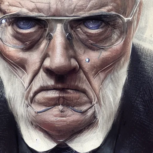 Prompt: close-up, symmetrical, portrait of an old man, hairstyle bald, wearing a suit, marvel art, art by greg rutkowski, matte painting, trending on artstation