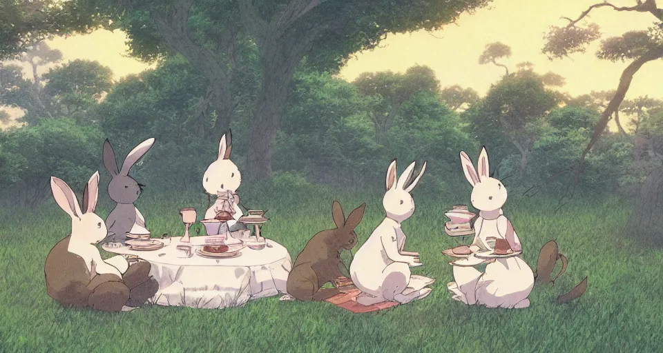 Image similar to 3 bunnies having a tea party, by studio ghibli, makoto shinkai, beautiful nature illustration