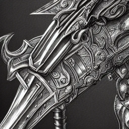 Prompt: demonic greatsword, engravings, dark aura, black steel, intricate, high detail, concept art, masterpiece