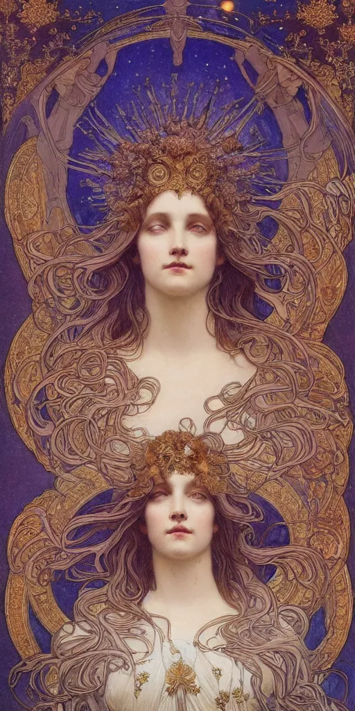 Image similar to portrait burning saint face, venus, athena, halo, by alphons mucha and annie swynnerton and jean delville, strong dramatic cinematic lighting, ornate headdress, flowing robes, spines, flowers, stars, lost civilizations, smooth, sharp focus, extremely detailed, marble, molten gold, space