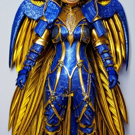 Image similar to art deco valkyrie, blue and gold ornate armor, highly detailed, intricate detail, art station,