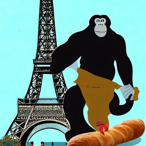 Image similar to A giant ape climbing the Eiffel tower while wearing a beret with a baguette in his hand, Detailed Digital art