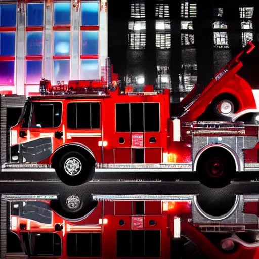 Image similar to A firetruck at night, back view, off angle, dark shading, flashing lights, wet reflective concrete, city, photograph, award winning, deviantart