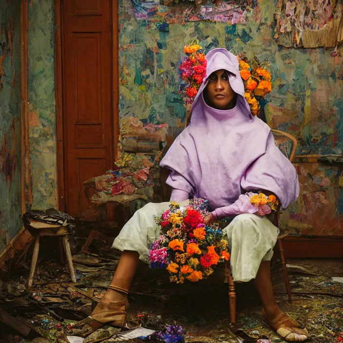 Prompt: closeup portrait of a woman with a hood made of flowers and rainbows, sitting in a chair in an abandoned house, by Annie Leibovitz and Steve McCurry, natural light, detailed face, CANON Eos C300, ƒ1.8, 35mm, 8K, medium-format print