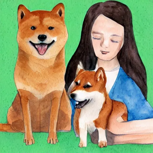 Image similar to a watercolor illustration of a girl with light brown hair, hazel eyes and freckles accompanied by a shiba inu