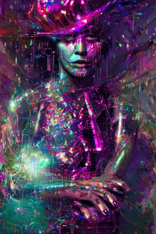 Image similar to portrait,, digital painting, an delightfully mad techno - shaman lady, asleep, synthwave, glitter, glitch, refraction, fracture, realistic, hyperdetailed, chiaroscuro, concept art, painterly, art by john berkey